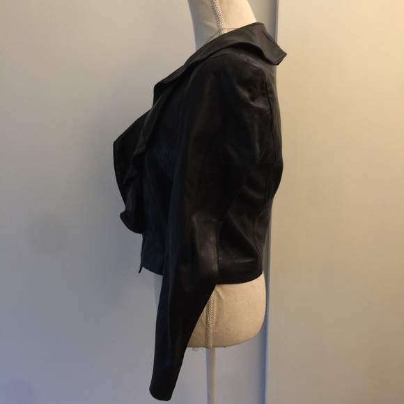 Leith black motorcycle leather ruffled jacket - Picture 3 of 8